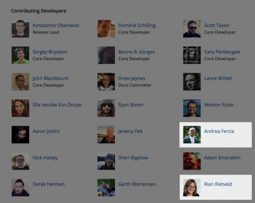 Andrea Fercia and Rian Rietveld as recent rockstars on the WordPress 4.3 credits page