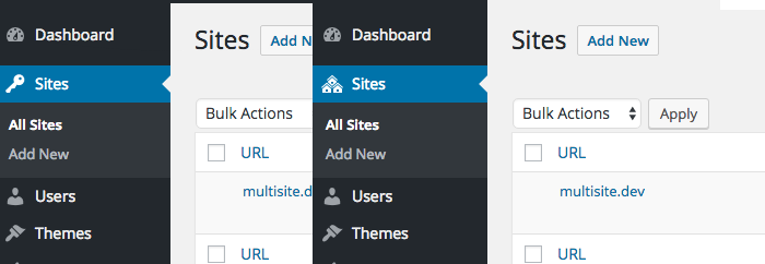 Before and after (WordPress 4.6) screenshots of the Sites menu icon in the Network Admin