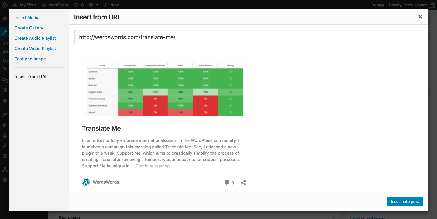 Screenshot of the Insert From URL workflow in the media modal in WordPress 4.6