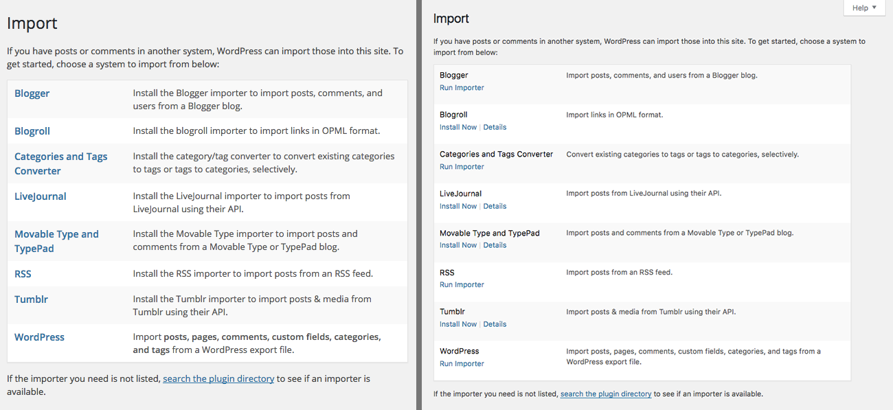 Before and after (WordPress 4.6) screenshots of the Import screen