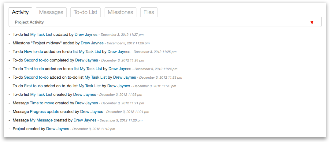 The project activity screen